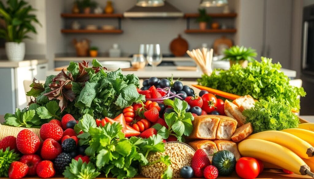 A vibrant still life capturing the essence of daily nutrition patterns. In the foreground, a diverse array of fresh, colorful ingredients - leafy greens, vibrant berries, lean protein, whole grains - arranged in an artful composition, bathed in soft, natural lighting. In the middle ground, a set of elegant tableware and glassware, suggesting a balanced, mindful meal. The background features a warm, inviting kitchen setting, with clean, modern lines and earthy accents, conveying a sense of wellness and vitality. The overall mood is one of wellness, energy, and a celebration of wholesome, nutrient-dense foods that can naturally boost metabolism without the need for crash diets. A vibrant still life capturing the essence of daily nutrition patterns. In the foreground, a diverse array of fresh, colorful ingredients - leafy greens, vibrant berries, lean protein, whole grains - arranged in an artful composition, bathed in soft, natural lighting. In the middle ground, a set of elegant tableware and glassware, suggesting a balanced, mindful meal. The background features a warm, inviting kitchen setting, with clean, modern lines and earthy accents, conveying a sense of wellness and vitality. The overall mood is one of wellness, energy, and a celebration of wholesome, nutrient-dense foods that can naturally boost metabolism without the need for crash diets.