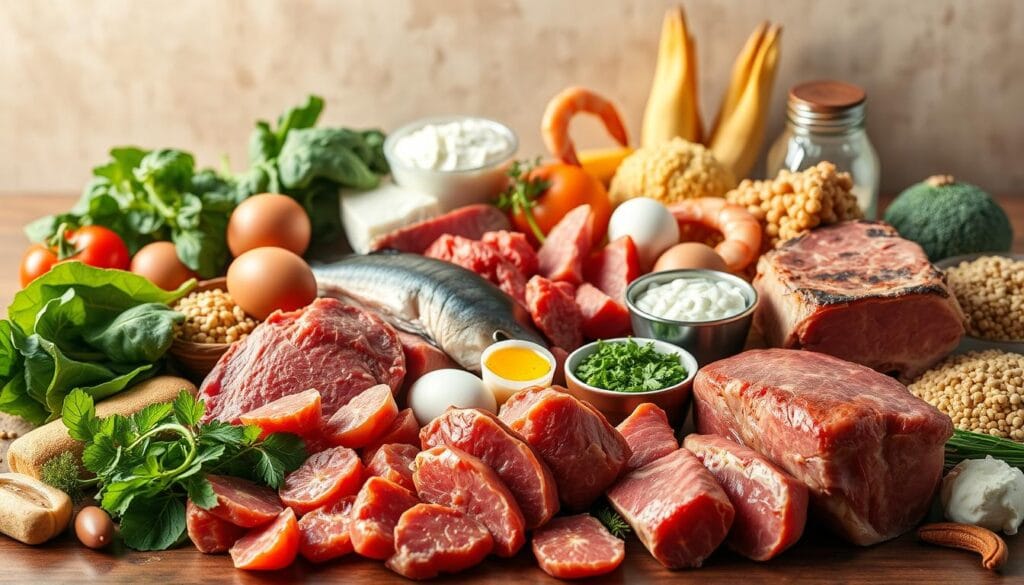 A vibrant still life depicting various whole food sources of creatine, bathed in warm, natural lighting. In the foreground, a selection of red meat cuts, including beef, pork, and lamb, arranged artfully. In the middle ground, a variety of seafood items such as tuna, salmon, and shrimp, alongside eggs and dairy products like cottage cheese. In the background, a collection of legumes, grains, and vegetables that also contain moderate amounts of creatine, including spinach, broccoli, and quinoa. The overall composition conveys the diverse range of dietary options for obtaining this important muscle-building compound, without the need for supplementation.