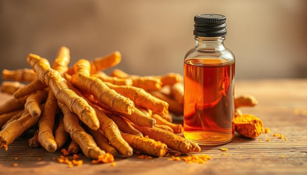 A vibrant still life showcasing the harmonious blend of turmeric and a mysterious activator X. In the foreground, a pile of fresh turmeric rhizomes, their golden hues radiating warmth. Beside them, a glass vial filled with a translucent, amber-colored liquid - the elusive activator X. The middle ground features a wooden table, its surface illuminated by soft, natural lighting, casting gentle shadows that accentuate the textures. In the background, a subtle gradient of earthy tones, creating a serene and inviting atmosphere. The composition emphasizes the synergy between these two potent natural ingredients, hinting at their profound benefits for the pineal gland and third eye awakening. A vibrant still life showcasing the harmonious blend of turmeric and a mysterious activator X. In the foreground, a pile of fresh turmeric rhizomes, their golden hues radiating warmth. Beside them, a glass vial filled with a translucent, amber-colored liquid - the elusive activator X. The middle ground features a wooden table, its surface illuminated by soft, natural lighting, casting gentle shadows that accentuate the textures. In the background, a subtle gradient of earthy tones, creating a serene and inviting atmosphere. The composition emphasizes the synergy between these two potent natural ingredients, hinting at their profound benefits for the pineal gland and third eye awakening.