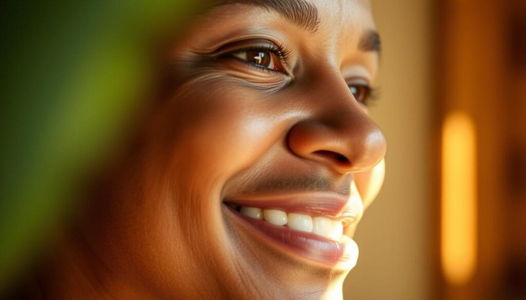 A well-lit, close-up portrait of a person experiencing the effects of Moringa superfood supplement. The subject's face is illuminated from the side, with a slight glow around the edges, conveying an energized, rejuvenated state. The background is softly blurred, allowing the viewer to focus on the person's expression of vitality and well-being. The lighting is warm and natural, creating a serene, inviting atmosphere. The lens is angled slightly upwards, emphasizing the subject's radiant, healthy complexion. Overall, the image captures the tangible benefits of Moringa in an authentic, relatable manner.