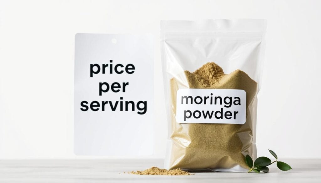 A well-lit, high-quality photograph of a price tag or label prominently displaying the text "price per serving" alongside a bag or container of moringa powder. The image should be shot against a clean, neutral background that emphasizes the product and its pricing information. The lighting should be soft and even, accentuating the texture and color of the moringa powder. The camera angle should be slightly elevated to create a sense of depth and dimension. The overall mood should be informative and visually appealing, reflecting the comparative nature of the article's section.