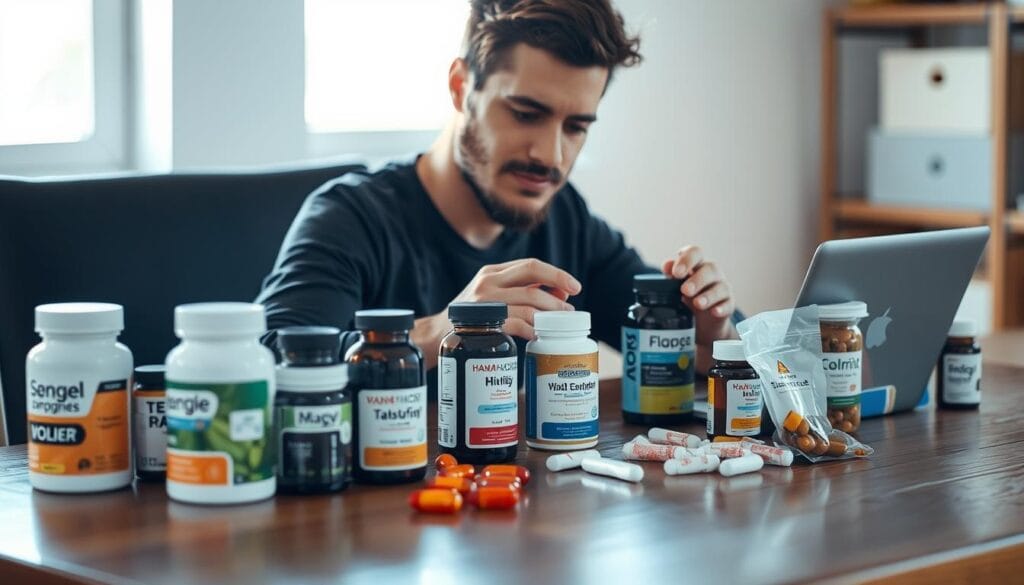 A well-lit, high-resolution photograph of a person sitting at a wooden table, surrounded by various supplements in bottles, jars, and packages. The person is carefully examining the labels and ingredients of the supplements, their face reflecting deep concentration. The table is neatly organized, with a laptop or tablet nearby, suggesting research and comparison is being conducted. The background is blurred, allowing the focus to remain on the subject and the supplements. The lighting is soft and natural, creating a warm, inviting atmosphere. The overall scene conveys the thoughtful process of selecting the right supplement to meet one's needs. A well-lit, high-resolution photograph of a person sitting at a wooden table, surrounded by various supplements in bottles, jars, and packages. The person is carefully examining the labels and ingredients of the supplements, their face reflecting deep concentration. The table is neatly organized, with a laptop or tablet nearby, suggesting research and comparison is being conducted. The background is blurred, allowing the focus to remain on the subject and the supplements. The lighting is soft and natural, creating a warm, inviting atmosphere. The overall scene conveys the thoughtful process of selecting the right supplement to meet one's needs.