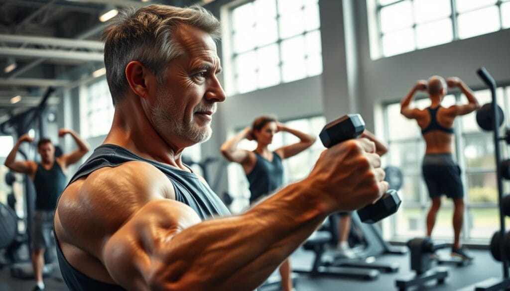A well-lit, high-resolution photograph showcasing resistance exercise controlled lifts. In the foreground, a middle-aged man meticulously performs a dumbbell bicep curl, his muscles engaged and form precise. In the middle ground, additional individuals execute various controlled resistance movements like shoulder presses and squats, their movement deliberate and focused. The background depicts a modern, minimalist gym setting with high ceilings, ample natural light, and state-of-the-art equipment. The overall atmosphere conveys a sense of discipline, strength, and improved metabolism for men over 50. A well-lit, high-resolution photograph showcasing resistance exercise controlled lifts. In the foreground, a middle-aged man meticulously performs a dumbbell bicep curl, his muscles engaged and form precise. In the middle ground, additional individuals execute various controlled resistance movements like shoulder presses and squats, their movement deliberate and focused. The background depicts a modern, minimalist gym setting with high ceilings, ample natural light, and state-of-the-art equipment. The overall atmosphere conveys a sense of discipline, strength, and improved metabolism for men over 50.