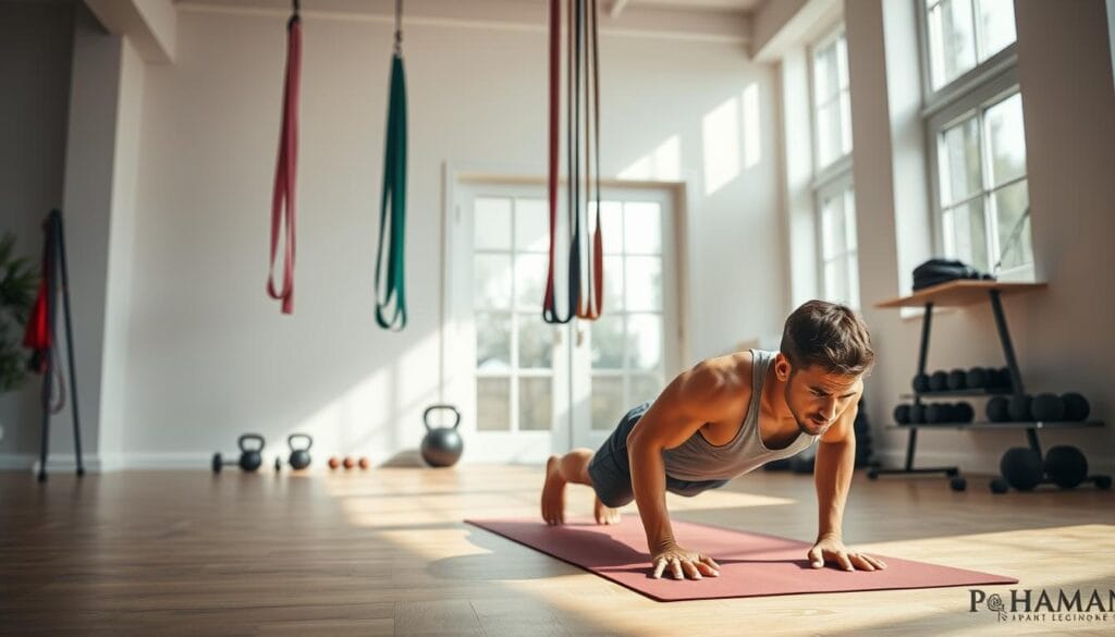 A well-lit home gym interior with natural lighting streaming through large windows. In the foreground, a person performs a push-up on a yoga mat, their muscles straining with the effort. In the middle ground, resistance bands hang from the ceiling, offering various exercise options. The background features a minimalist setup of dumbbells, kettlebells, and other bodyweight equipment, suggesting a versatile and efficient workout space. The overall mood is one of determination and self-discipline, captured through the model's focused expression and the clean, organized environment. A well-lit home gym interior with natural lighting streaming through large windows. In the foreground, a person performs a push-up on a yoga mat, their muscles straining with the effort. In the middle ground, resistance bands hang from the ceiling, offering various exercise options. The background features a minimalist setup of dumbbells, kettlebells, and other bodyweight equipment, suggesting a versatile and efficient workout space. The overall mood is one of determination and self-discipline, captured through the model's focused expression and the clean, organized environment.
