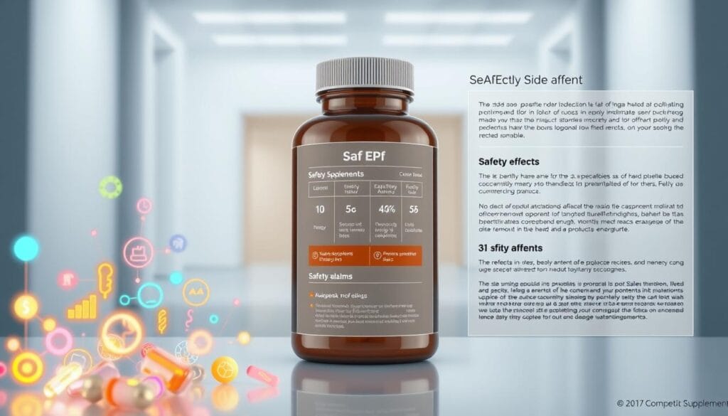 A well-lit, professional-looking illustration depicting the safety profile and potential side effects of a nutritional supplement. The foreground shows an array of colorful, glowing energy icons and symbols, representing the various effects and claims associated with the product. The middle ground features a sleek, minimalist infographic-style layout, with clear data visualizations and concise, informative text highlighting key safety and side effect details. The background has a clean, clinical atmosphere, with a subtle gradient or architectural elements that convey a sense of scientific credibility and medical authenticity.