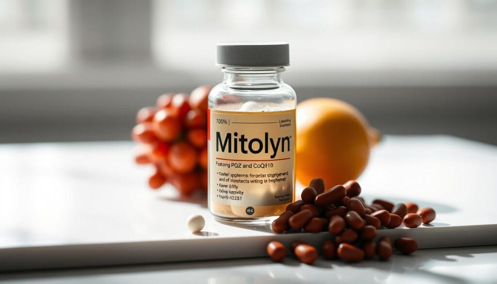 A well-lit still life composition showcasing a glass bottle of Mitolyn, a dietary supplement featuring PQQ and CoQ10. The bottle is placed on a clean, minimalist table or surface, with a soft, diffused lighting highlighting the intricate bottle design and its translucent contents. The background is slightly blurred, allowing the product to be the central focus. The overall mood is professional, informative, and visually appealing, conveying the high-quality and efficacy of the Mitolyn supplement.