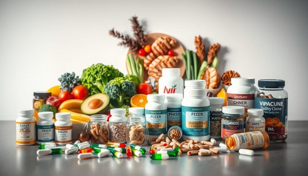 A well-lit table showcasing an assortment of healthy supplements and nutrient-dense foods. In the foreground, various capsules, tablets, and powders are neatly arranged, representing a diverse range of vitamins, minerals, and proteins. In the middle ground, a selection of fresh fruits, vegetables, and lean protein sources, such as broccoli, avocado, and grilled chicken, are displayed. The background features a clean, minimalist backdrop, allowing the vibrant colors and textures of the products to take center stage. The overall scene conveys a sense of balance, wellness, and a commitment to maintaining a healthy lifestyle, even during the holiday season. A well-lit table showcasing an assortment of healthy supplements and nutrient-dense foods. In the foreground, various capsules, tablets, and powders are neatly arranged, representing a diverse range of vitamins, minerals, and proteins. In the middle ground, a selection of fresh fruits, vegetables, and lean protein sources, such as broccoli, avocado, and grilled chicken, are displayed. The background features a clean, minimalist backdrop, allowing the vibrant colors and textures of the products to take center stage. The overall scene conveys a sense of balance, wellness, and a commitment to maintaining a healthy lifestyle, even during the holiday season.