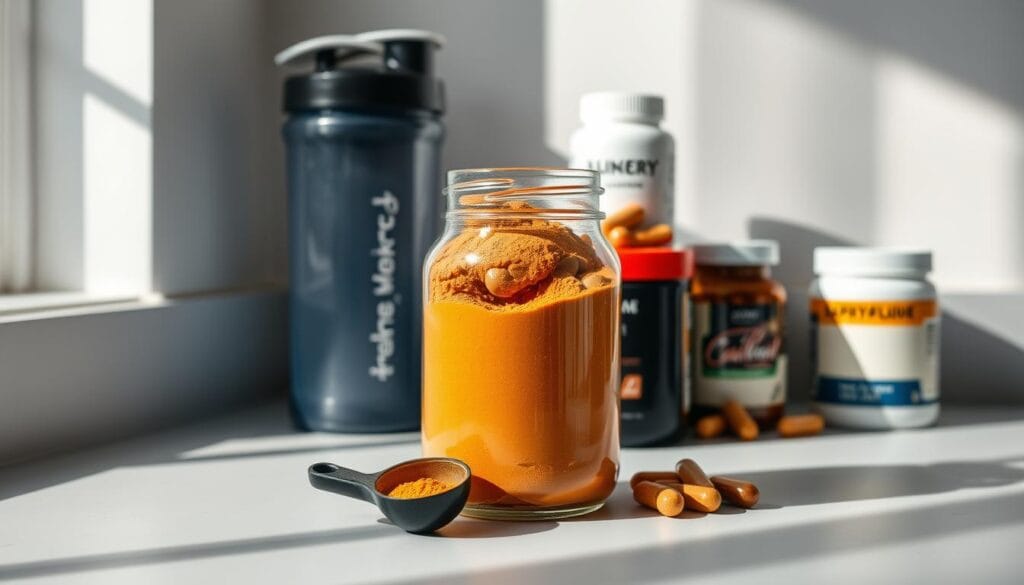 A well-organized stack of fitness supplements on a clean, minimalist countertop. In the foreground, a glass jar filled with a vibrant pre-workout powder, its scoop visible. Behind it, a shaker bottle and several pill containers in varying shapes and colors. The lighting is soft and natural, casting gentle shadows that accentuate the textures and details of the products. The overall atmosphere is one of efficiency, simplicity, and a focus on performance enhancement, reflecting the section's theme of creating a balanced, effective supplement routine.