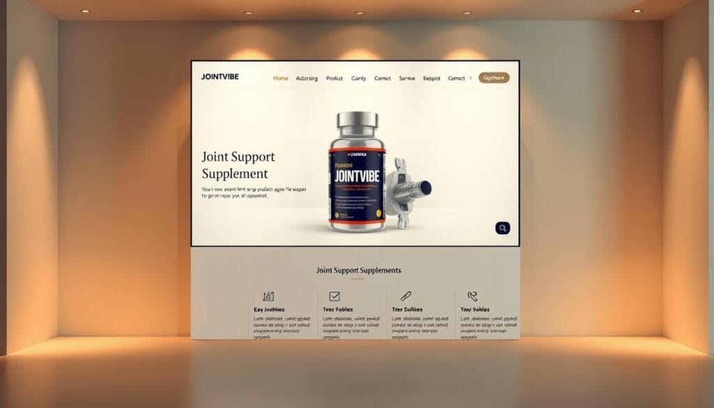 An elegant, minimalistic website interface with a clean, modern design showcasing a premium joint support supplement product. The page layout features a prominent hero section with a high-quality product image, supported by informative sections highlighting the product's key benefits and features. Warm, indirect lighting creates a professional, trustworthy atmosphere, while strategic camera angles and lens focus emphasize the website's sleek, authoritative appearance. The overall impression conveys a sense of quality, reliability, and a dedication to customer satisfaction, perfectly suited to promote the "JointVibe" supplement on its official online storefront.