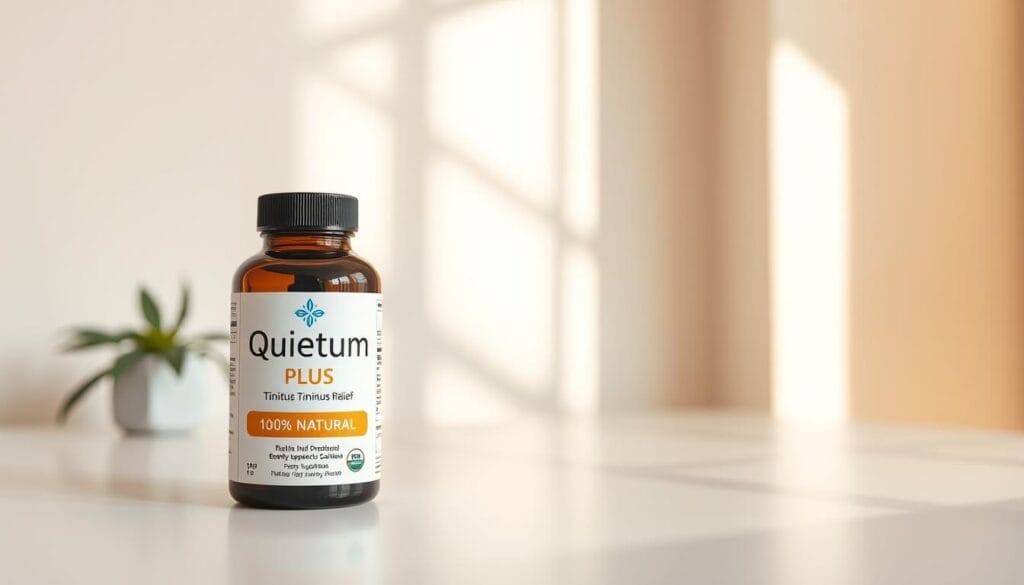 An elegant product display for Quietum Plus, a tinnitus relief supplement, set against a clean, minimalist backdrop. In the foreground, the Quietum Plus bottle is prominently featured, its label and packaging conveying a sense of quality and professionalism. The middle ground showcases the product's key details, such as the "100% natural" claim, in a clear and visually appealing manner. The background is a soft, neutral-toned environment, allowing the product to take center stage. Warm, natural lighting casts a subtle glow, creating a sense of trustworthiness and reliability. The overall composition exudes a mood of clinical efficacy and consumer confidence, befitting a premium health supplement.