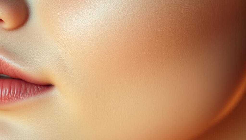 Closeup of smooth, healthy human skin with a soft, natural glow. Luminous, even-toned complexion with a subtle radiance. Fine pores and minimal blemishes, giving an impression of youthful vitality. Lit by warm, diffused lighting that enhances the skin's natural texture and tonality. Captured with a high-resolution macro lens for maximum detail and clarity. The skin appears plump, supple and nourished, conveying a sense of vibrant, rejuvenated beauty.