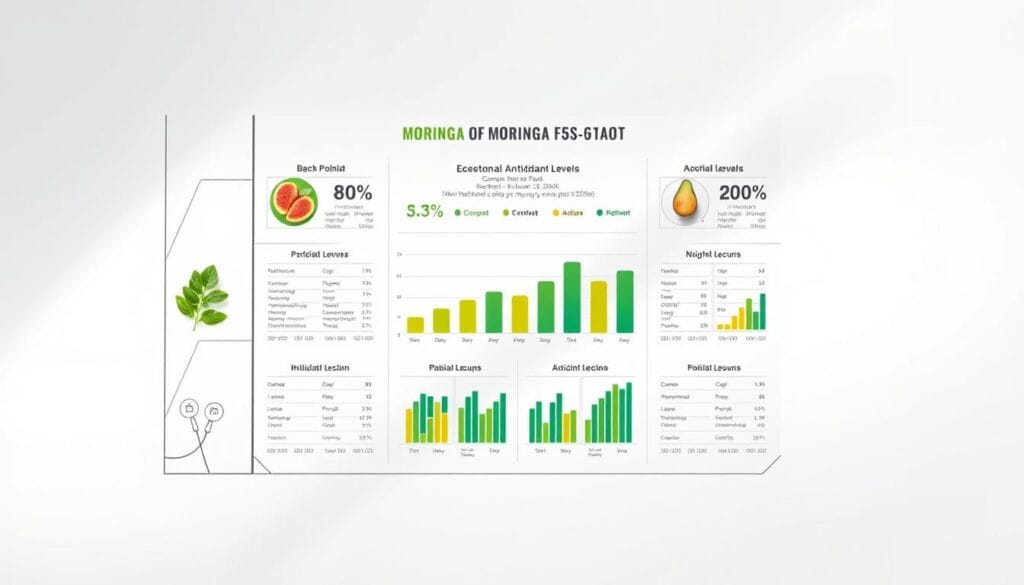 Detailed scientific chart showcasing the antioxidant properties of moringa, rendered in a sleek, modern style. Centered on a clean white background, the chart displays a grid of colorful bar graphs and nutrient information, highlighting the exceptional antioxidant levels found in various moringa components. The design is crisp and minimalist, with clear labeling and precise data visualization, creating a visually compelling and informative illustration of moringa's nutritional benefits. Subtle lighting casts soft shadows, adding depth and dimension to the scientific imagery. An authoritative, research-based aesthetic that complements the "moringa magic review" subject matter.