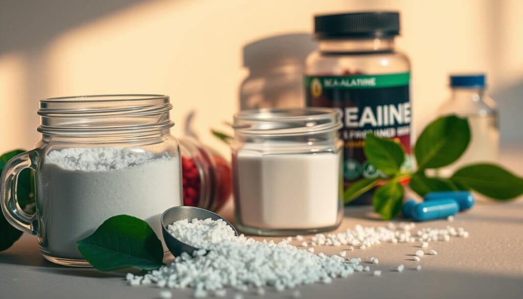 Detailed still life image of various pre-workout supplement ingredients arranged on a clean, neutral background. In the foreground, a glass jar filled with white crystalline powder (caffeine), a scoop, and a green leafy plant (citrulline). In the middle ground, a clear plastic bottle with red powder (beta-alanine) and a blue capsule (creatine). The lighting is soft and natural, creating warm shadows and highlights that accentuate the textures and colors of the elements. The composition is balanced and visually appealing, conveying a sense of purity, potency, and effectiveness of the key pre-workout components.