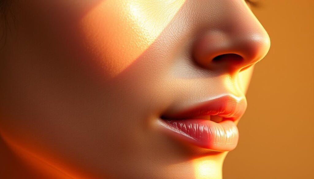 Glowing, luminous skin texture with a smooth, supple appearance. Soft, healthy epidermis with a radiant, natural glow. Pores are minimized, and the complexion has an even, flawless finish. Subtle highlights accentuate the natural contours, creating a fresh, rejuvenated look. The skin has a vibrant, youthful quality, reflecting an inner vitality and well-being. Warm, diffused lighting from an angle creates a gentle, flattering shadow that enhances the skin's natural beauty. The overall mood is serene, calm, and inviting, conveying a sense of balance and harmony.