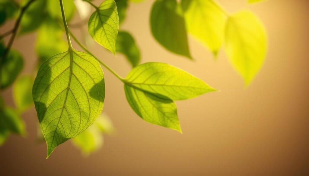 Moringa leaves floating in a serene, softly-lit setting. Close-up view showcasing the vibrant green hues, delicate textures, and intricate vein patterns. Emphasis on the nutritional and antioxidant properties of moringa, including its rich concentration of vitamins, minerals, and polyphenols. Soft, diffused lighting casts a warm, natural glow, highlighting the leaf's medicinal potential. Minimalist background in neutral tones, allowing the moringa leaves to take center stage. Evocative of the plant's innate capacity to support metabolic health and overall wellbeing.