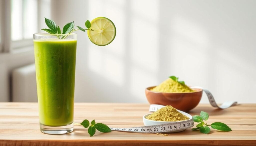 Moringa powder smoothie for blood sugar support, a refreshing and nutrient-dense beverage set against a serene backdrop. In the foreground, a tall glass filled with a vibrant green smoothie, garnished with a sprig of moringa leaves and a slice of lime. The middle ground features a wooden table with moringa powder in a small bowl, complemented by a moringa leaf and a tape measure, symbolizing the health benefits and weight management aspects. The background depicts a clean, minimalist space with natural lighting cascading through a window, creating a calm and inviting atmosphere. The overall composition emphasizes the simplicity and effectiveness of incorporating moringa into a daily routine for blood sugar regulation and weight loss.