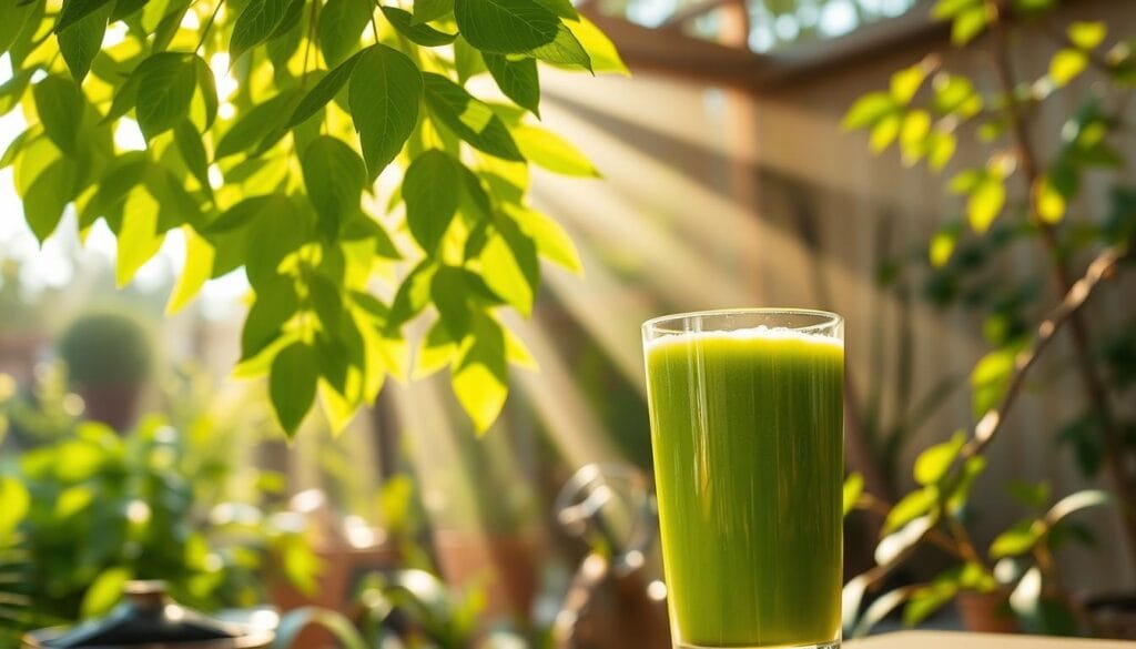 Vibrant green moringa leaves floating amidst sun-dappled rays, casting a warm, energizing glow. In the foreground, a glass filled with a bright green moringa smoothie, the perfect elixir for boosting natural immunity and vitality. Surrounding the scene, a tranquil garden oasis with lush foliage and earthy tones, creating a serene, wellness-inspired atmosphere. Captured with a soft, natural lighting and a slightly dreamlike, impressionistic lens, this image conveys the 'magic' of moringa and its transformative powers for daily energy and wellbeing.