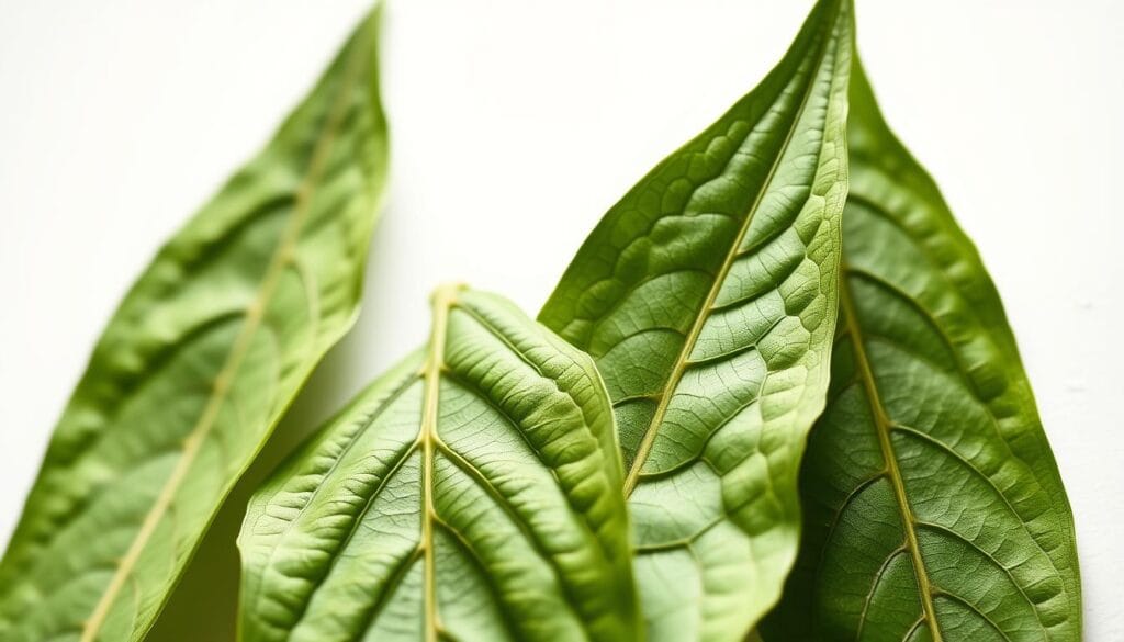 high quality moringa leaves on a white background, close-up shot with shallow depth of field to highlight the vibrant green color and intricate texture of the leaves, soft natural lighting illuminating the leaves from the side to accentuate the contours and ridges, the leaves appear fresh, crisp and well-hydrated, conveying a sense of purity, vitality and premium quality