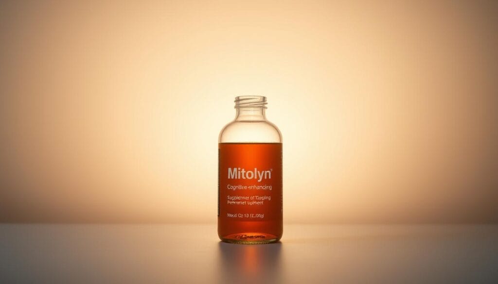 A sleek, minimalist still-life composition showcasing a glass bottle containing the cognitive-enhancing supplement Mitolyn. The bottle is backlit, casting a soft, warm glow that illuminates the liquid's translucent amber hue. The scene is set against a muted, neutral-toned background, allowing the product to take center stage. Crisp, directional lighting accentuates the bottle's elegant, streamlined design, with subtle reflections and highlights adding depth and dimension. The overall mood is one of focus, clarity, and the promise of enhanced mental performance, aligning with the article's subject matter and section title.