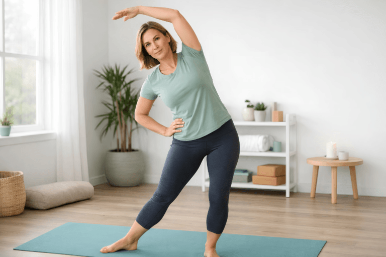 Wellness expert demonstrating a gentle side stretch exercise in a home studio for healthy mobility and daily fitness.