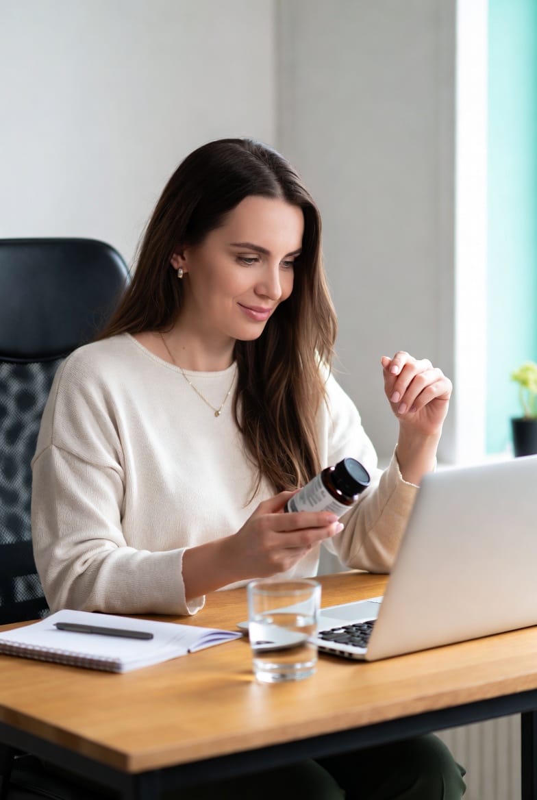 Woman carefully examining a supplement label while researching on a laptop, symbolizing evidence-based supplement reviews and wellness guidance.