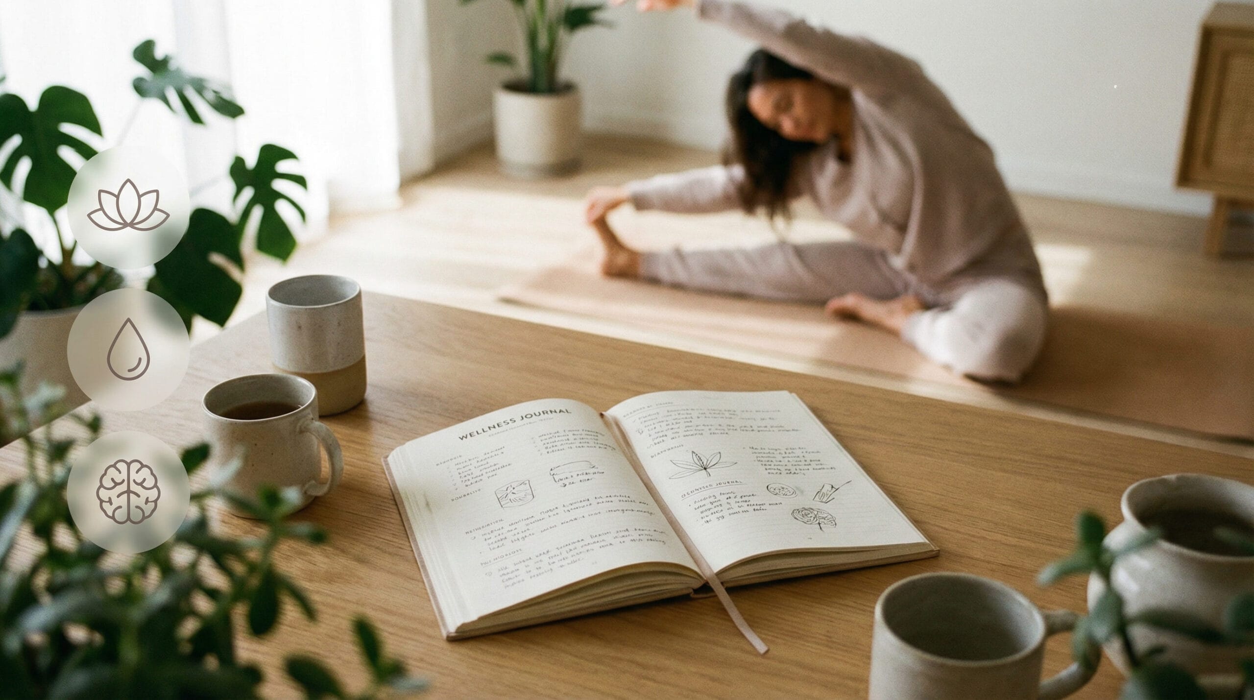 Wellness workspace with a journal and tea in a calm home studio as a woman practices gentle stretching for a balanced healthy lifestyle.