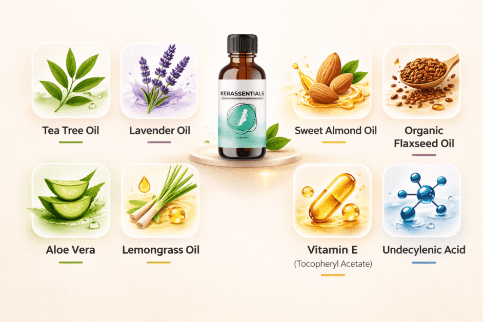 Kerassentials ingredients breakdown — 8 antifungal plant-based oils and vitamins for toenail fungus treatment including tea tree oil, undecylenic acid, lavender, and flaxseed oil
