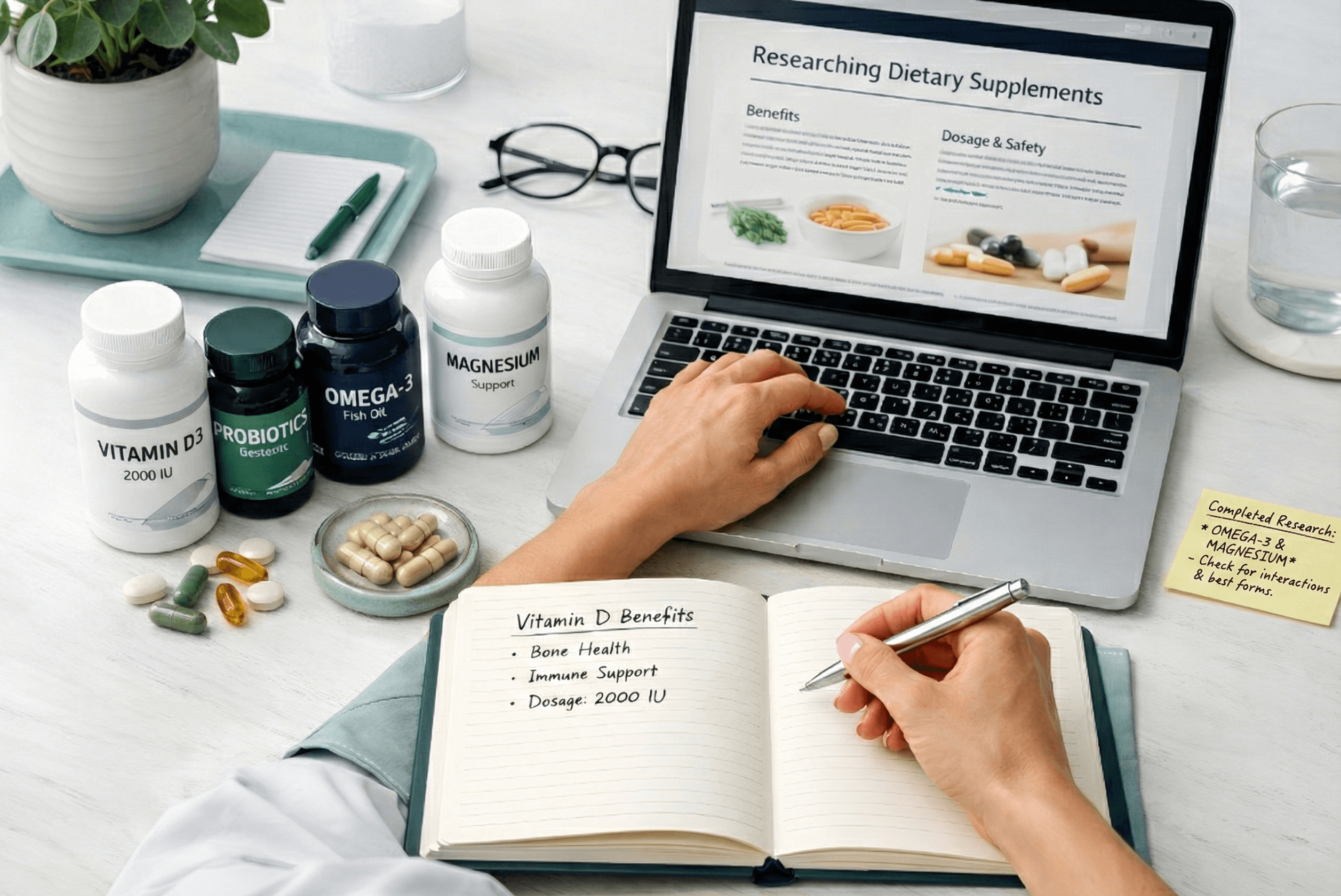 A person researching dietary supplement benefits and dosage on a laptop.