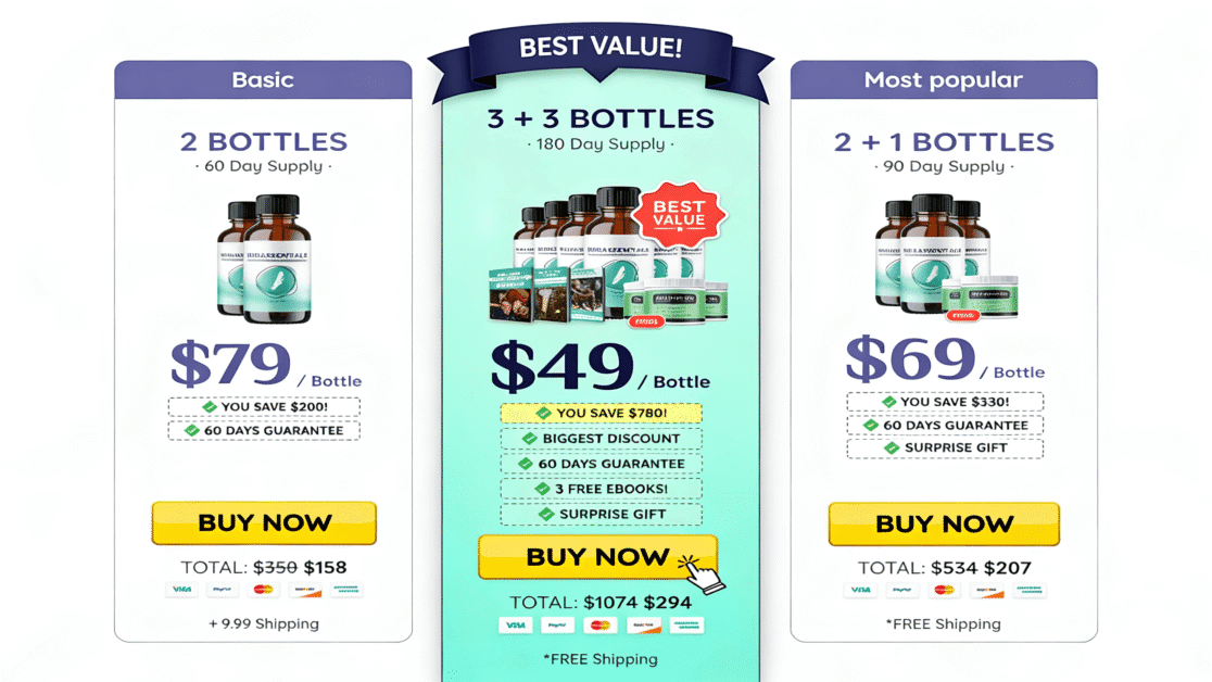 Kerassentials pricing bundles 2026 — 1 bottle at $69, 3 bottles at $177, and 6 bottles at $294 with cost-per-bottle comparison and 60-day guarantee