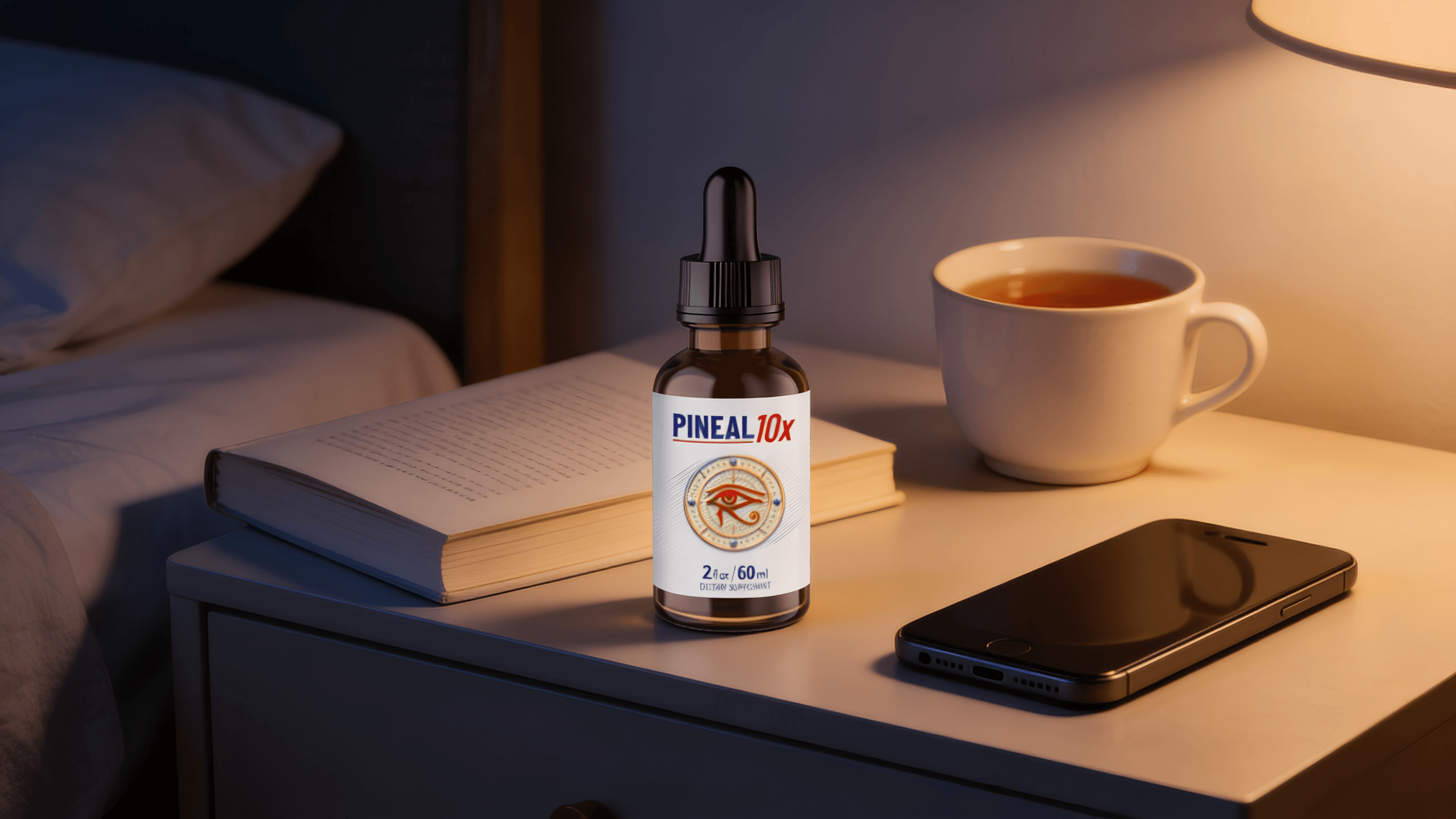 Pineal 10X used in a calm nighttime wellness routine with book and tea