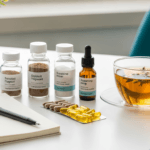 Selection of energy and focus supplements in glass jars and blister packs arranged on a desk next to herbal tea and a research notebook for a DigiproSpark wellness guide.