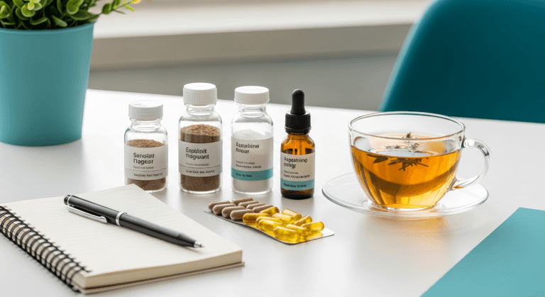 Selection of energy and focus supplements in glass jars and blister packs arranged on a desk next to herbal tea and a research notebook for a DigiproSpark wellness guide.