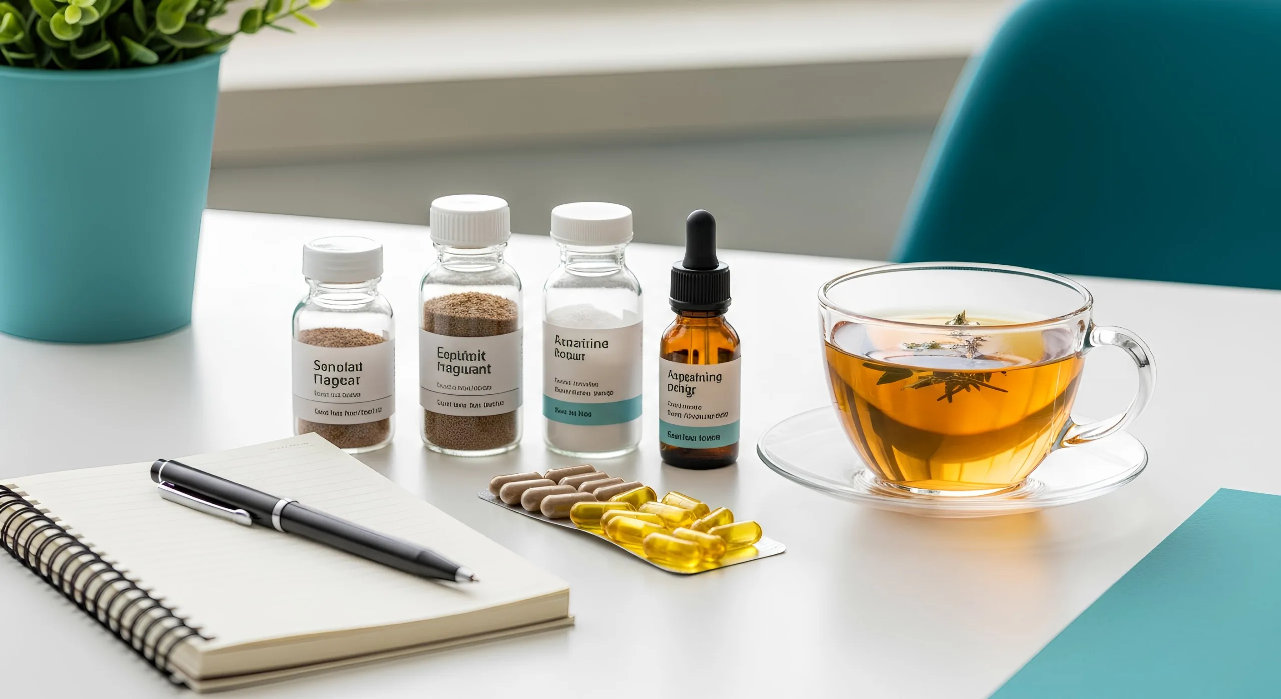 Selection of energy and focus supplements in glass jars and blister packs arranged on a desk next to herbal tea and a research notebook for a DigiproSpark wellness guide.