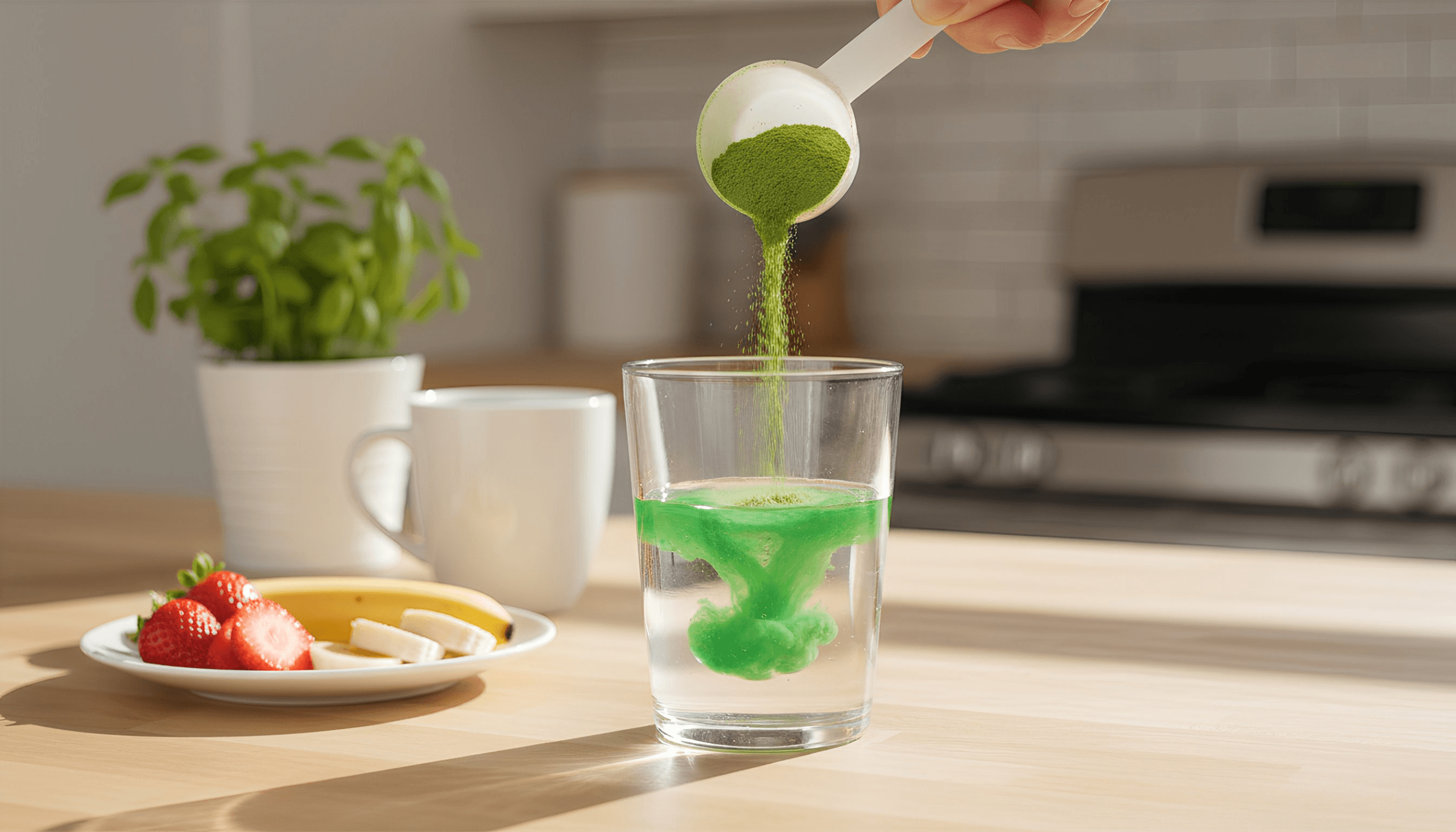 How to use TonicGreens daily — one scoop of greens powder mixed into water for daily immune and gut support