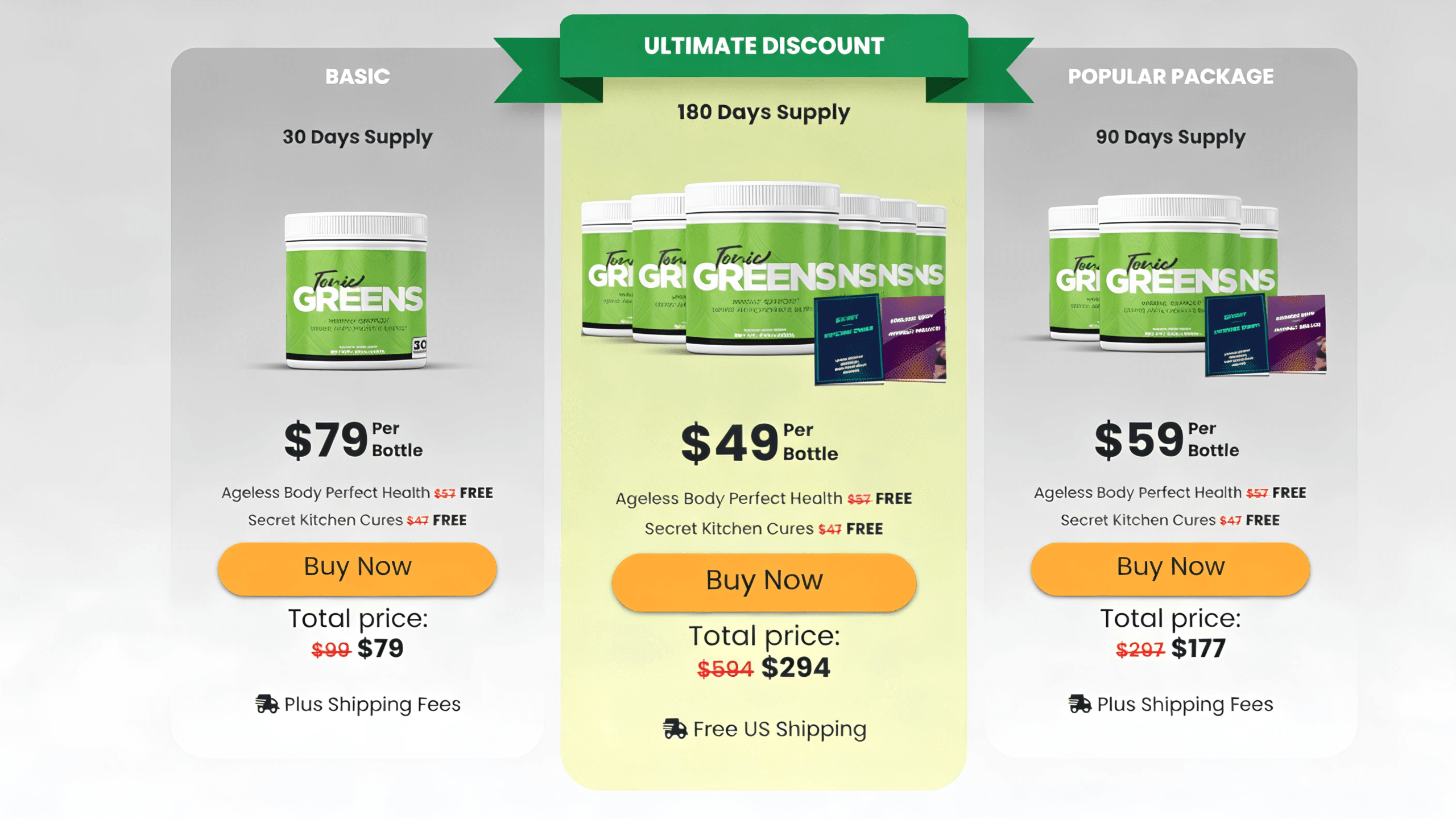 TonicGreens pricing bundles 2026 — 1 bottle, 3 bottles, and 6 bottles with cost per jar comparison