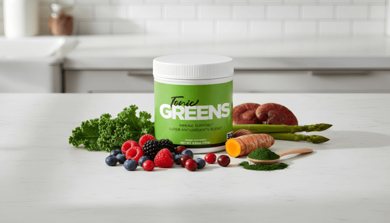 7 TonicGreens Benefits and Side Effects Review 2026 — daily greens powder blend with natural antioxidant-rich ingredients including berries, turmeric, kale, and medicinal mushrooms