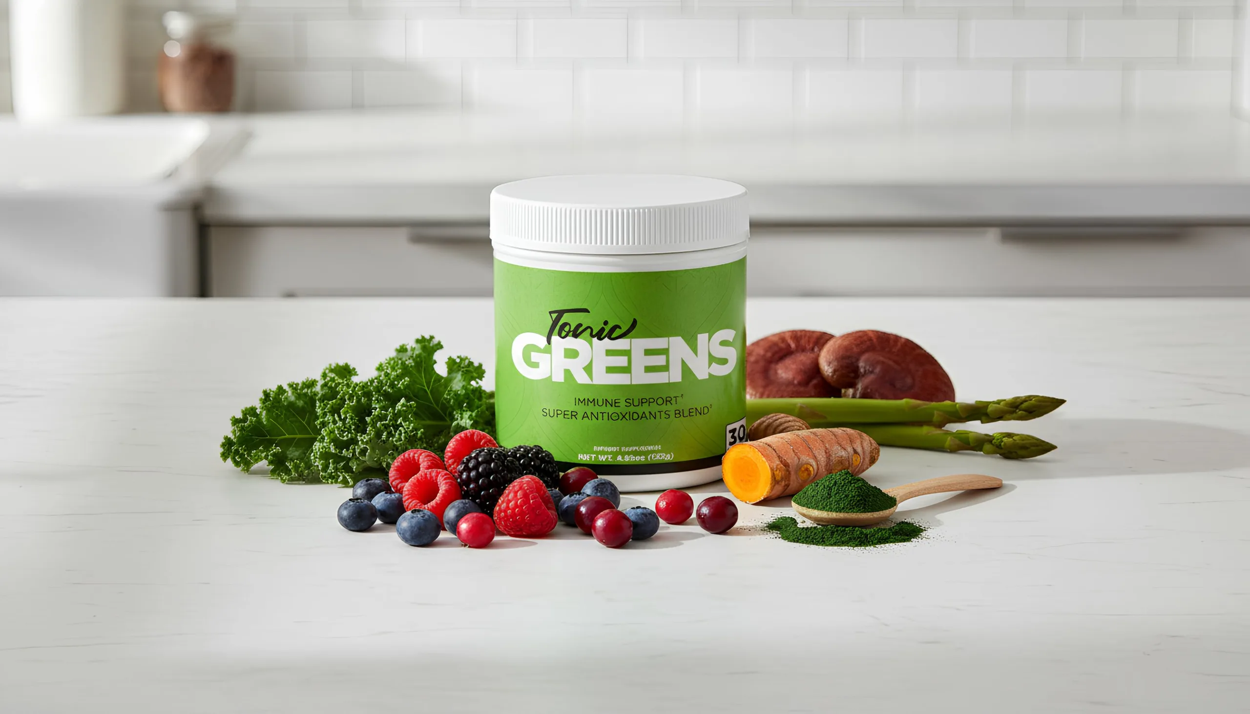 7 TonicGreens Benefits and Side Effects Review 2026 — daily greens powder blend with natural antioxidant-rich ingredients including berries, turmeric, kale, and medicinal mushrooms