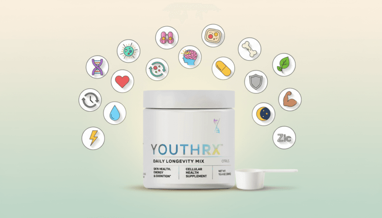 19 YouthRX Longevity Ingredients and Benefits Review 2026 — daily longevity mix powder with NR, Ca-AKG, spermidine, creatine, and pterostilbene.