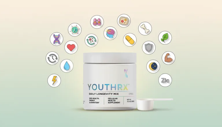 19 YouthRX Longevity Ingredients and Benefits Review 2026 — daily longevity mix powder with NR, Ca-AKG, spermidine, creatine, and pterostilbene.