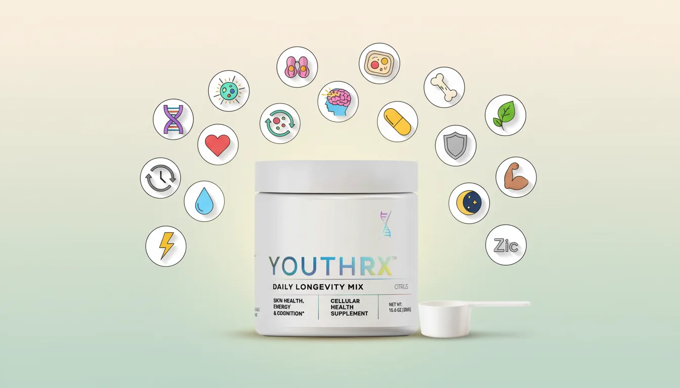 19 YouthRX Longevity Ingredients and Benefits Review 2026 — daily longevity mix powder with NR, Ca-AKG, spermidine, creatine, and pterostilbene.