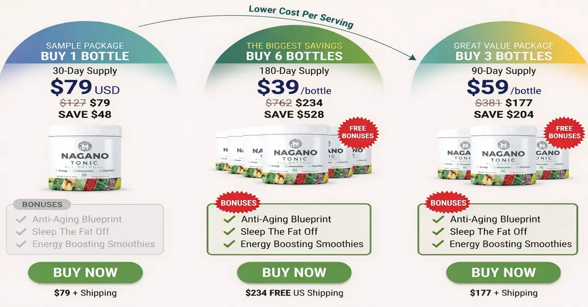 Nagano Tonic pricing and bundle options comparison — 1 bottle, 3 bottles, and best value 6-bottle package
